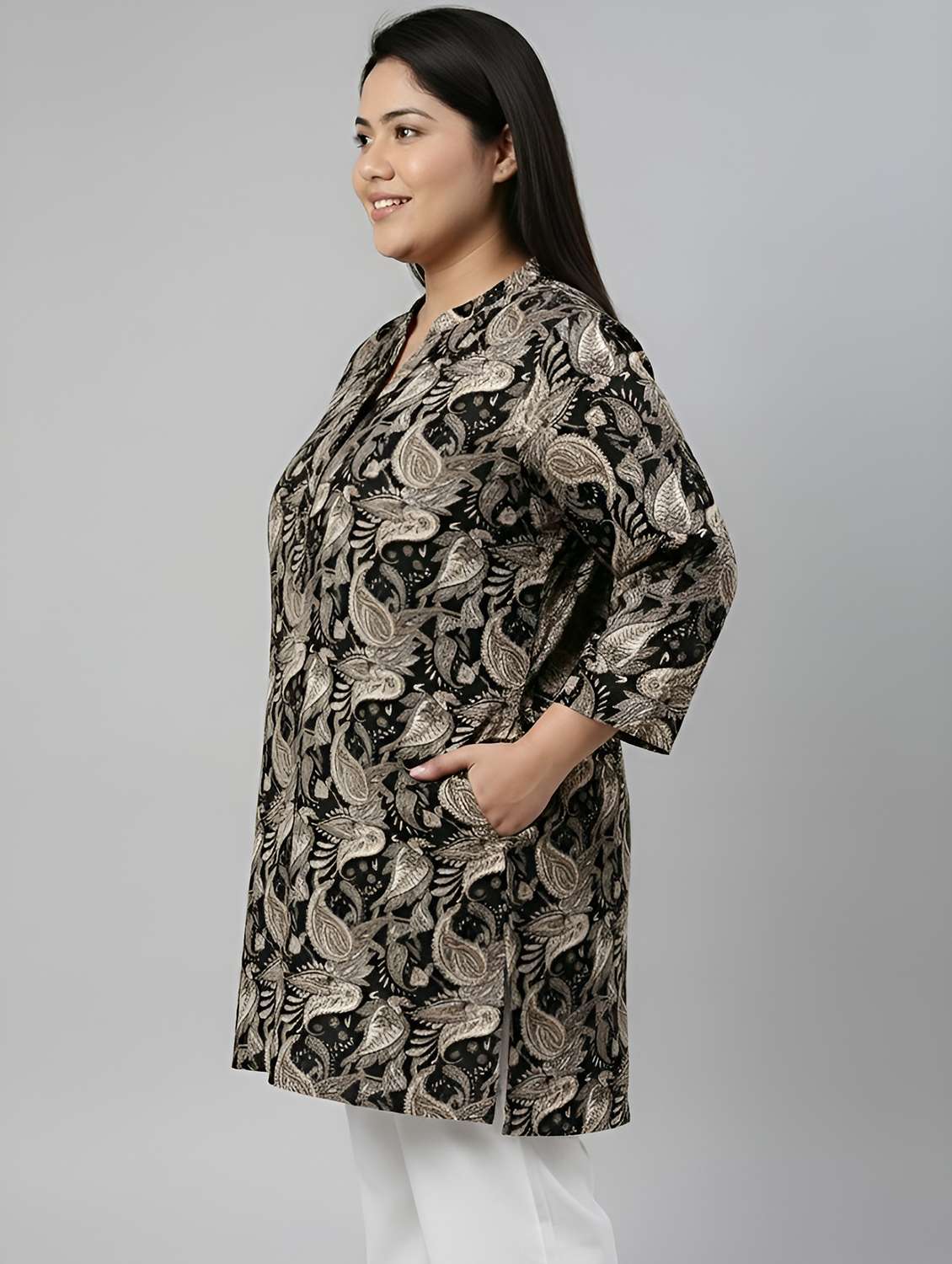 women plus size printed mandarin neck straight kurti - 22258918 -  Standard Image - 4