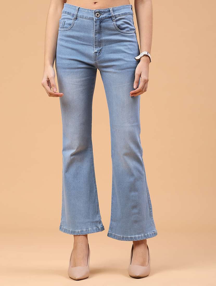 women washed high rise bootcut jeans