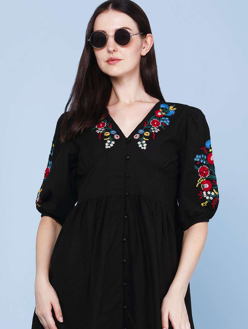 women embroidered puff sleeves flared dress