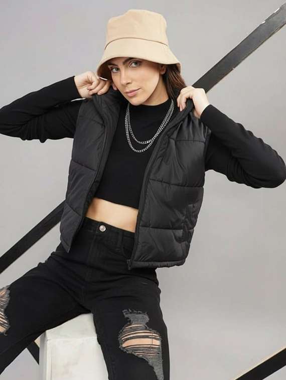 women solid sleeveless cropped puffer jacket - 22259250 -  Standard Image - 1