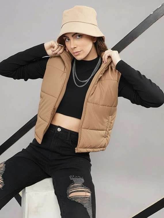 women solid sleeveless cropped puffer jacket - 22259251 -  Standard Image - 1