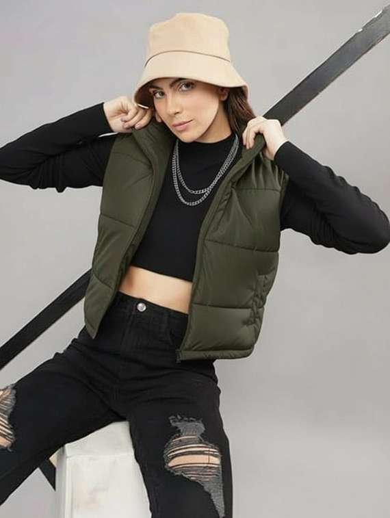 women solid sleeveless cropped puffer jacket - 22259253 -  Standard Image - 1
