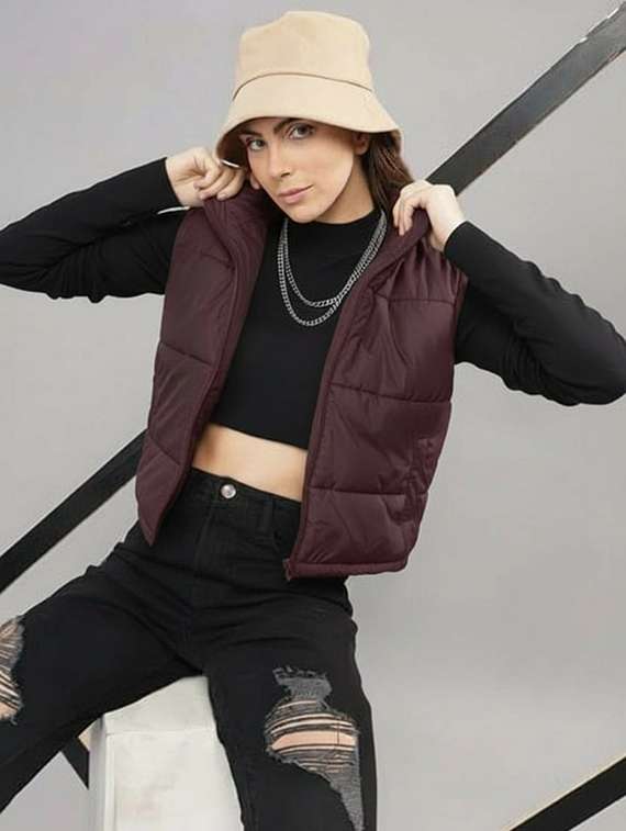 women solid sleeveless cropped puffer jacket - 22259254 -  Standard Image - 1