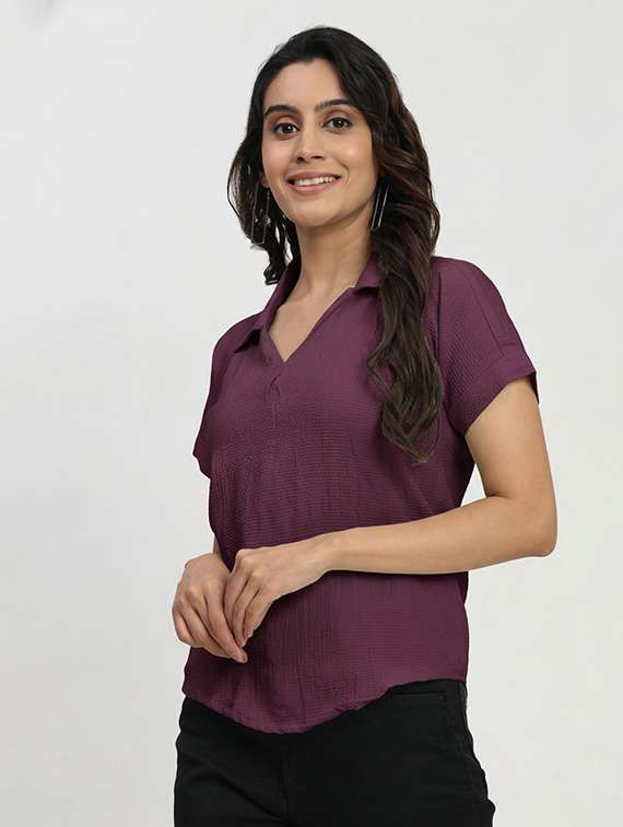 women solid collared short sleeve regular top - 22259258 -  Standard Image - 1