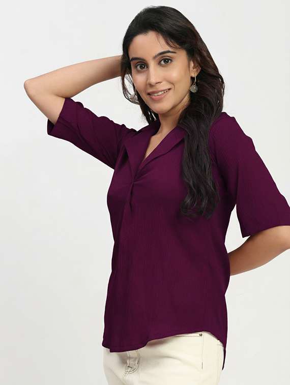women solid lapel neck short sleeve top - 22259260 -  Standard Image - 1
