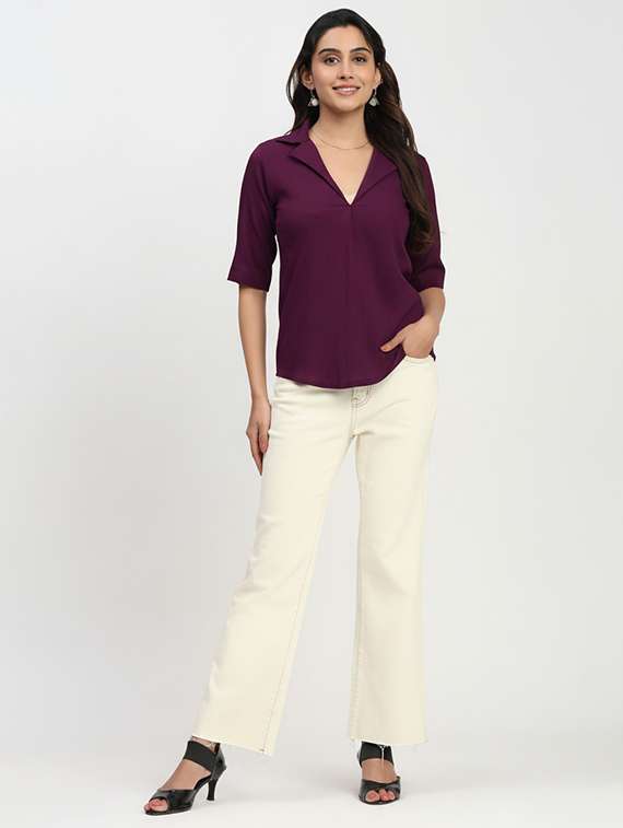 women solid lapel neck short sleeve top - 22259260 -  Standard Image - 4