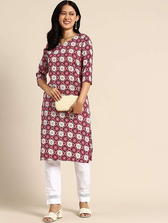 women pack of 2 printed three quarter sleeve straight kurta - 22259474 -  Standard Image - 1