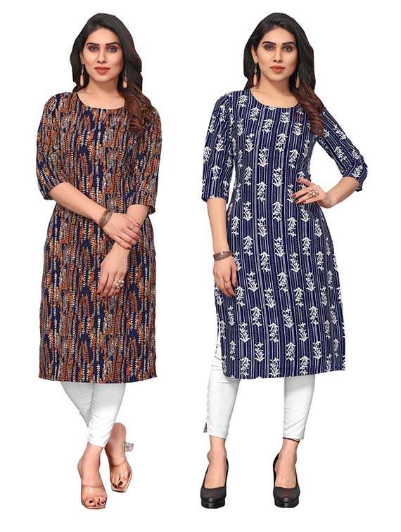women pack of 2 printed three quarter sleeve straight kurta