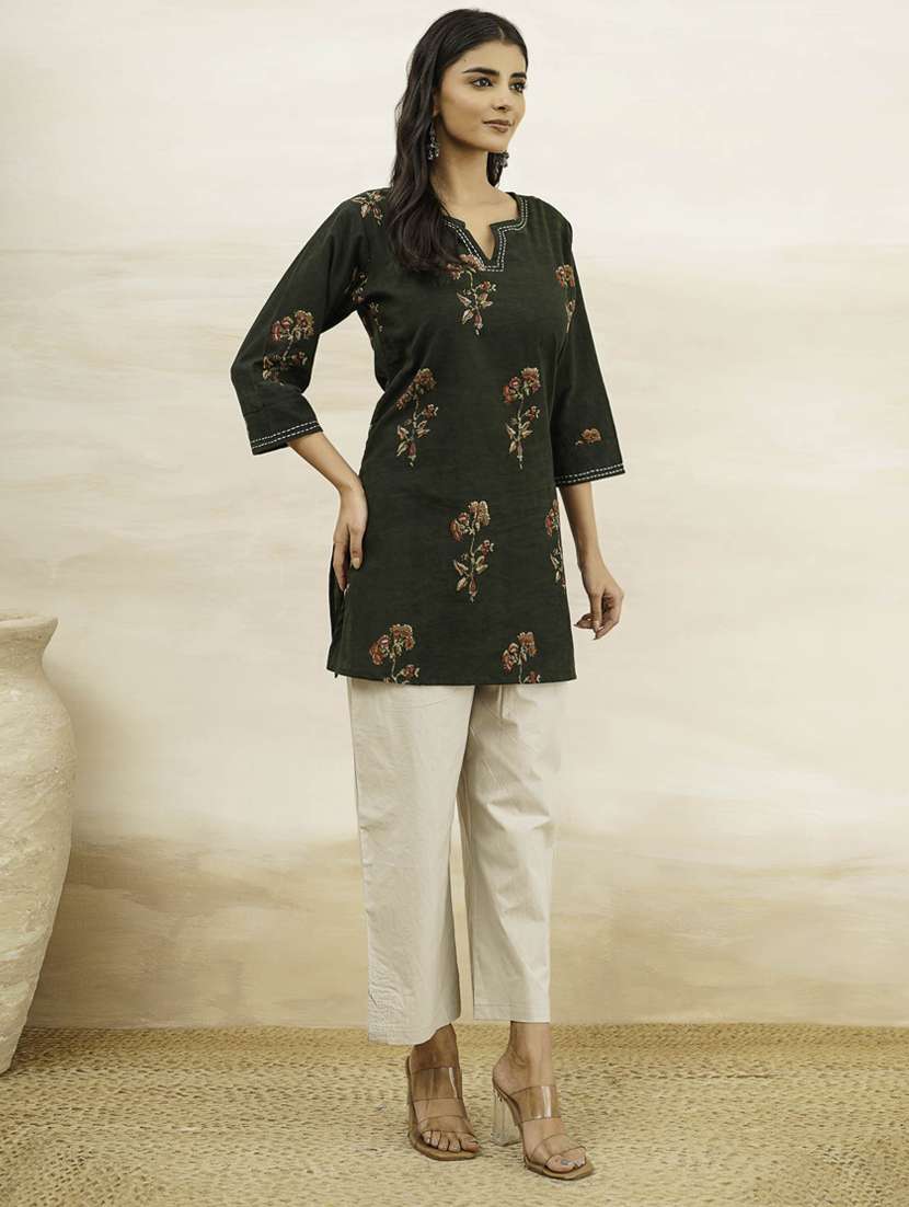 women floral printed three quarter sleeve straight kurti - 22260687 -  Standard Image - 1