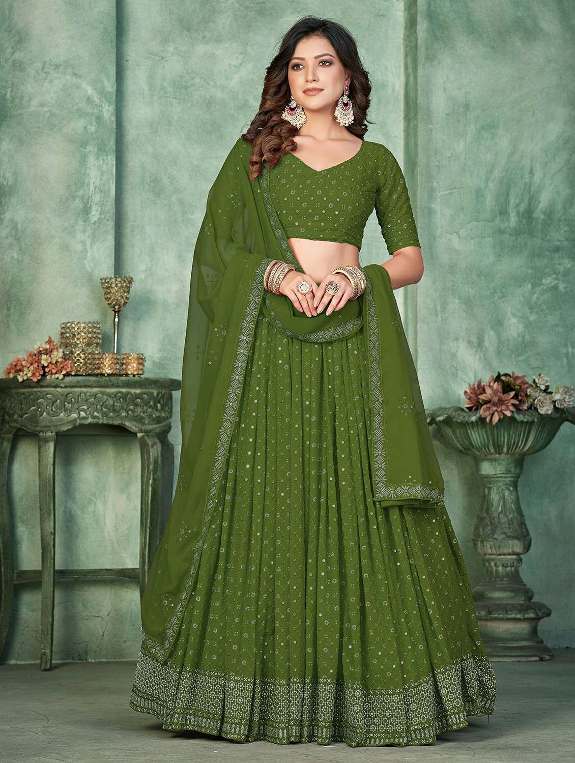 women solid with work semi stitched flared lehenga