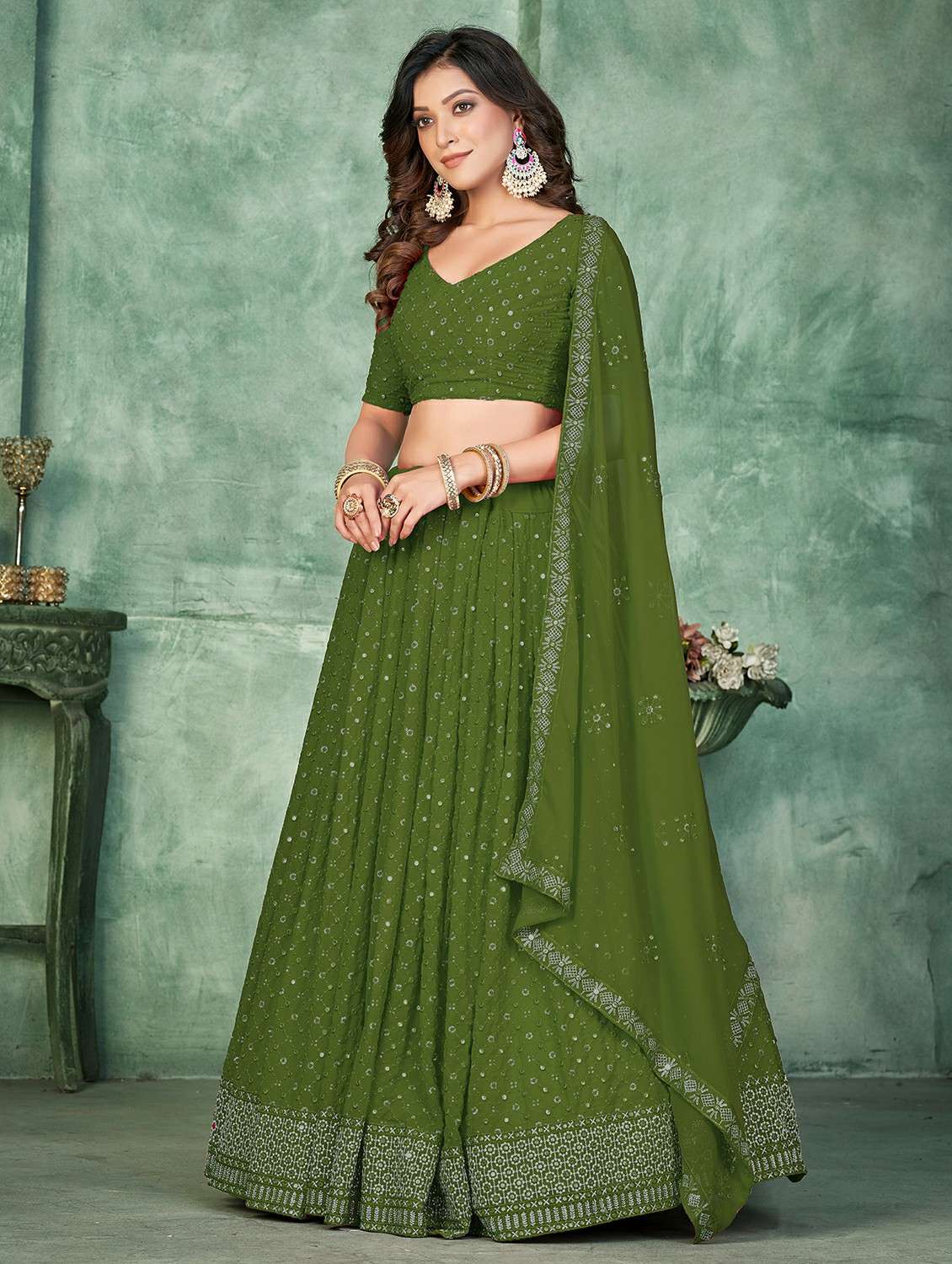 women solid with work semi stitched flared lehenga - 22260689 -  Standard Image - 1