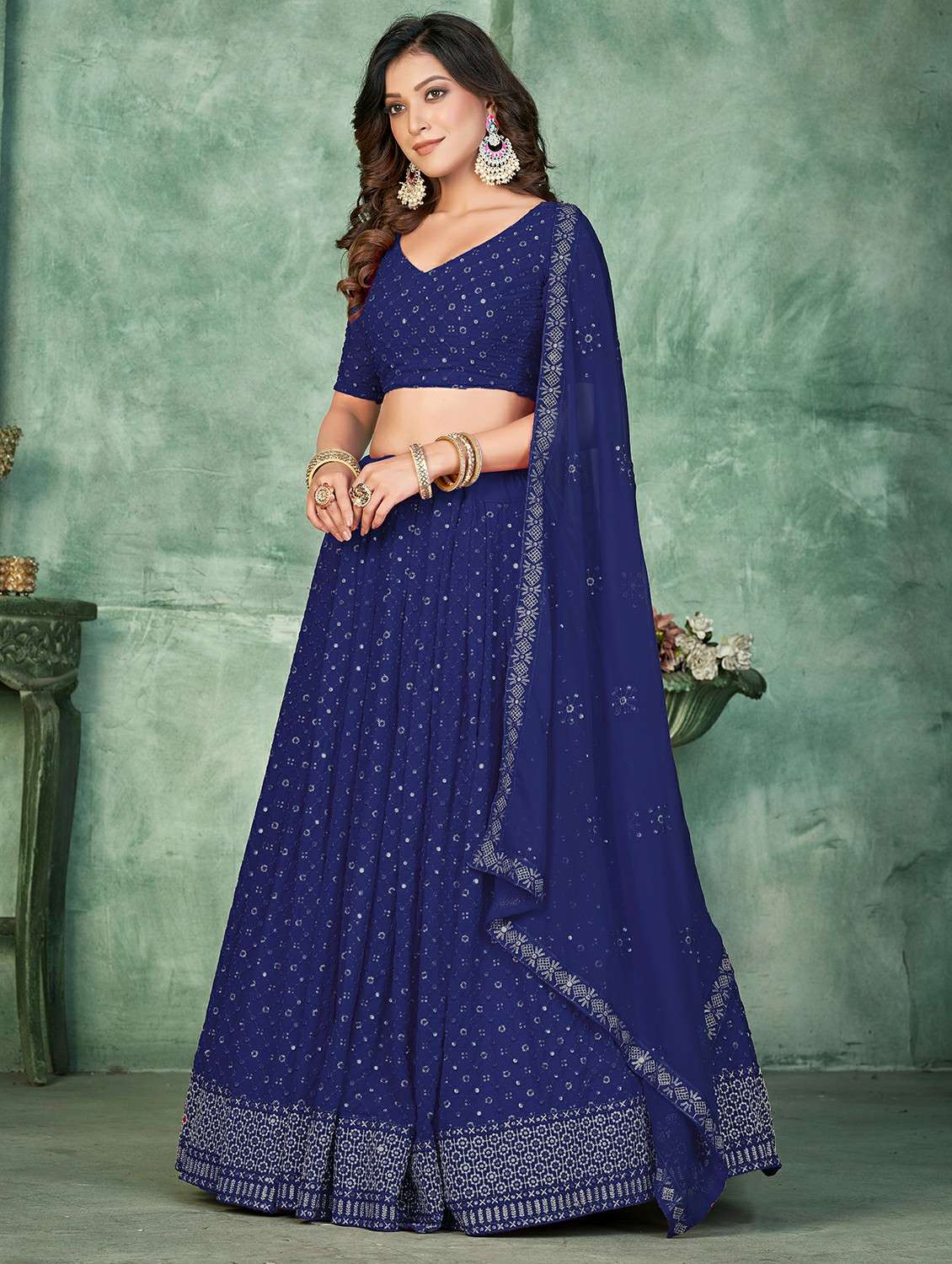 women solid with work semi stitched flared lehenga - 22260690 -  Standard Image - 1
