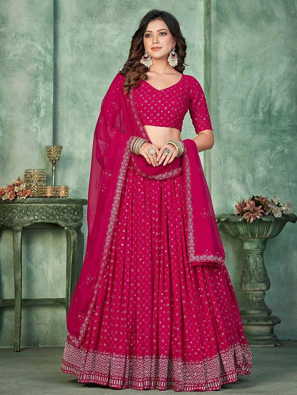 women solid with work semi stitched flared lehenga