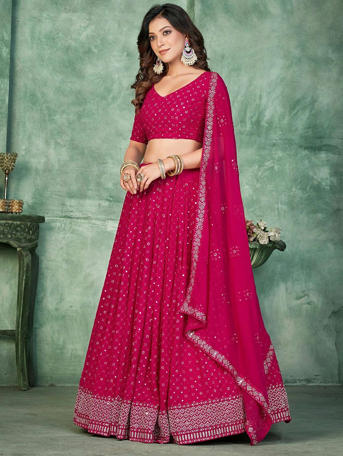 women solid with work semi stitched flared lehenga - 22260691 -  Standard Image - 1