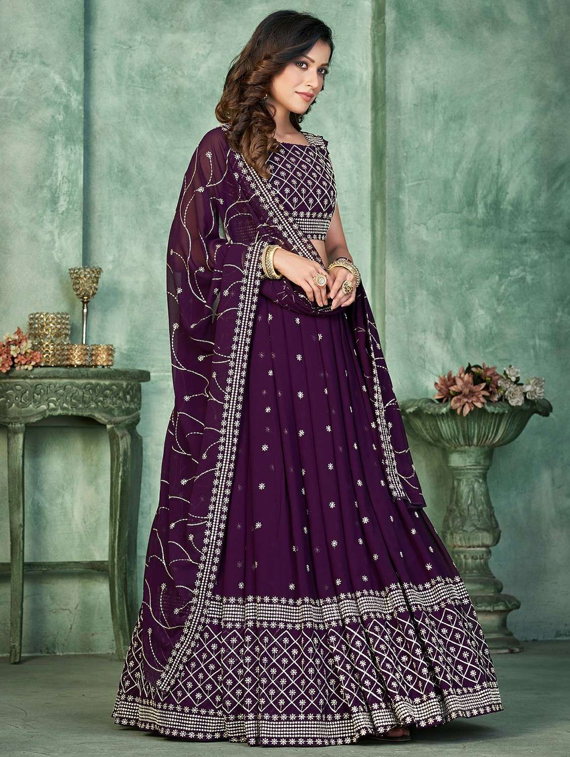 women solid with work semi stitched flared lehenga - 22260692 -  Standard Image - 1