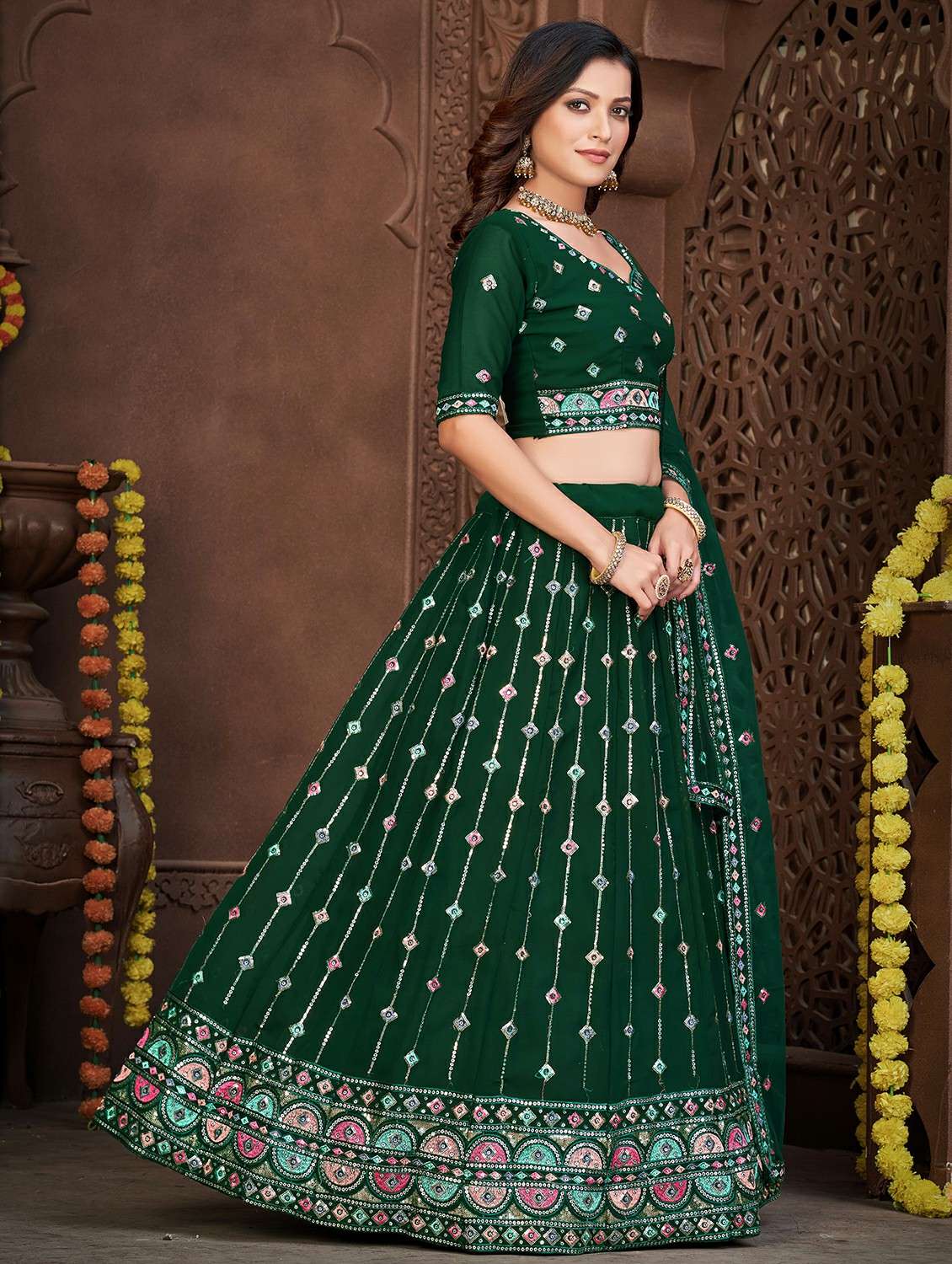 women solid with work semi stitched flared lehenga - 22260693 -  Standard Image - 1