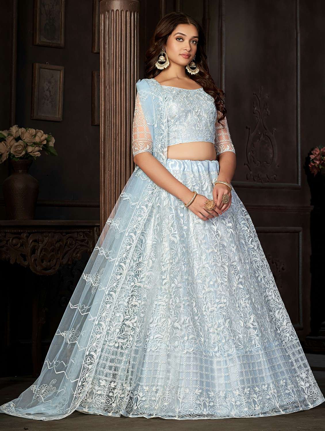 women solid with work semi stitched flared lehenga - 22260703 -  Standard Image - 1