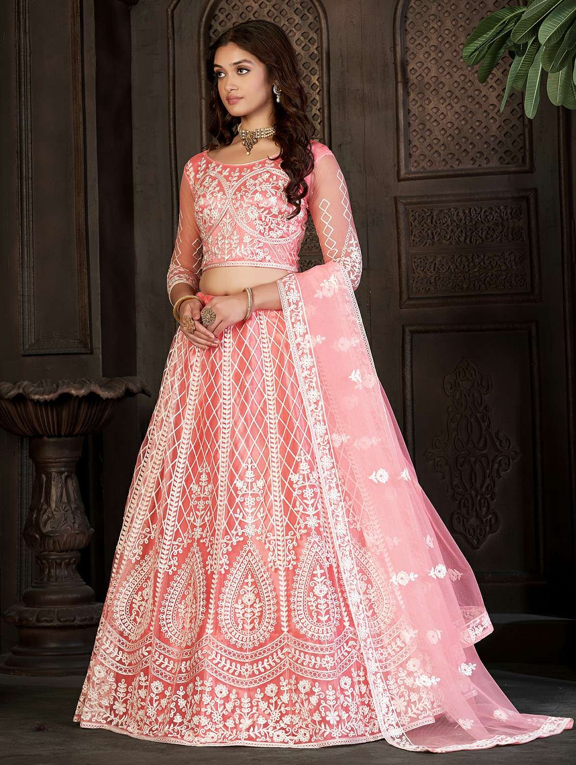 women solid with work semi stitched flared lehenga - 22260704 -  Standard Image - 1