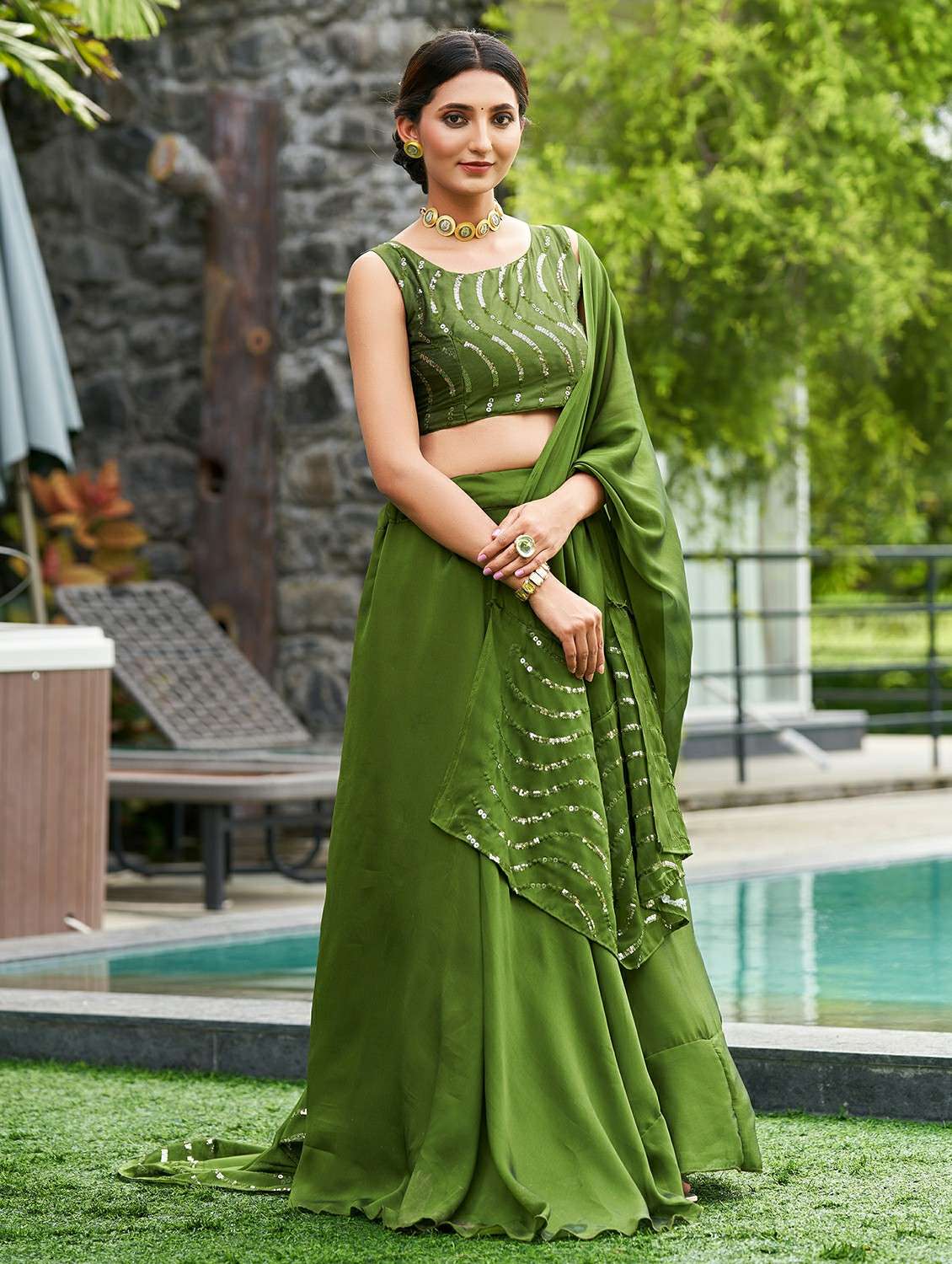 women solid semi stitched flared lehenga