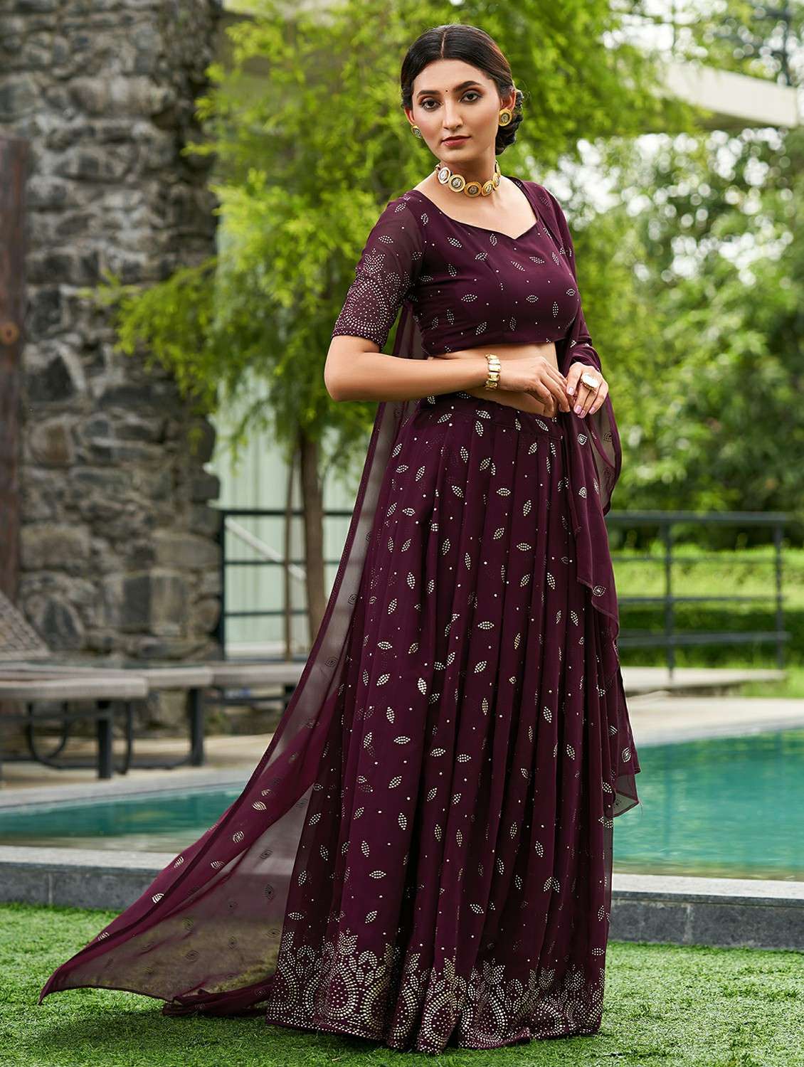 women solid with work semi stitched flared lehenga - 22260707 -  Standard Image - 1