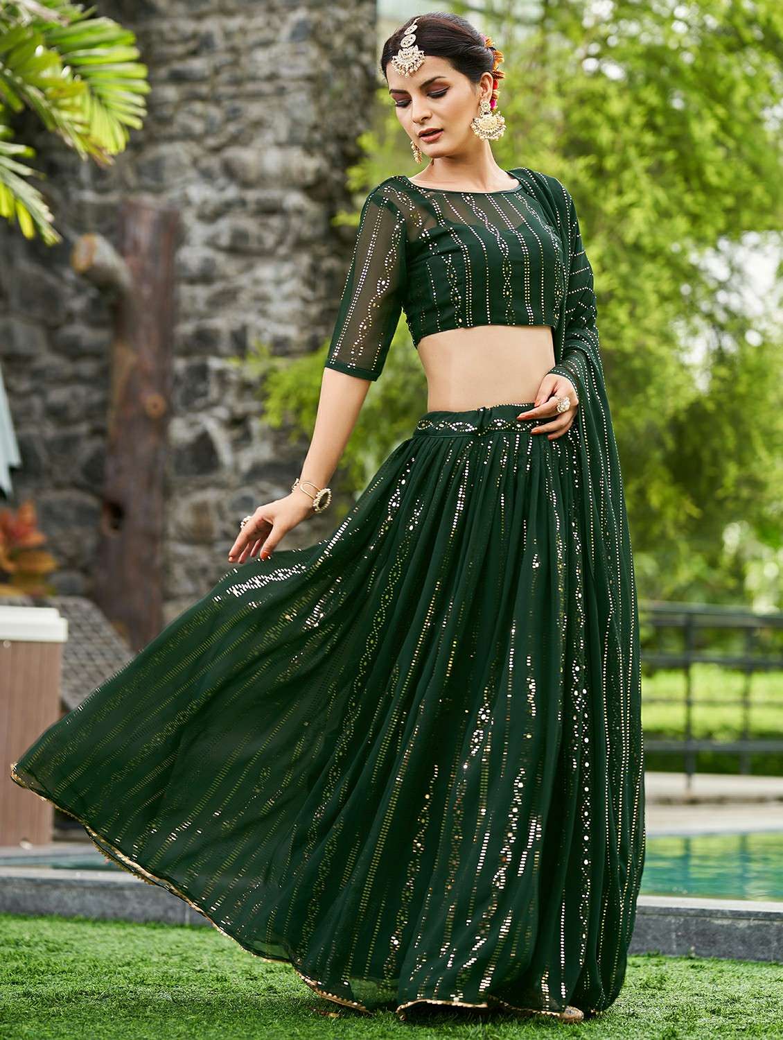 women solid with work semi stitched flared lehenga - 22260708 -  Standard Image - 1