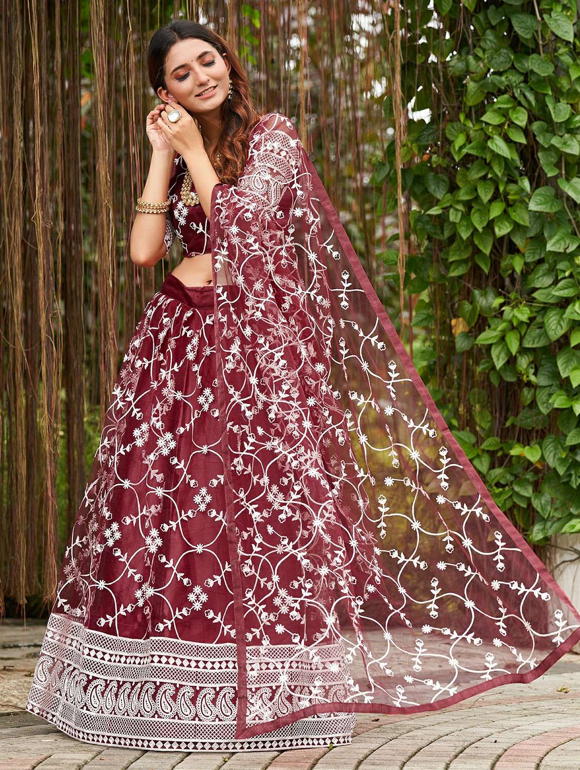 women solid with work semi stitched flared lehenga - 22260709 -  Standard Image - 1
