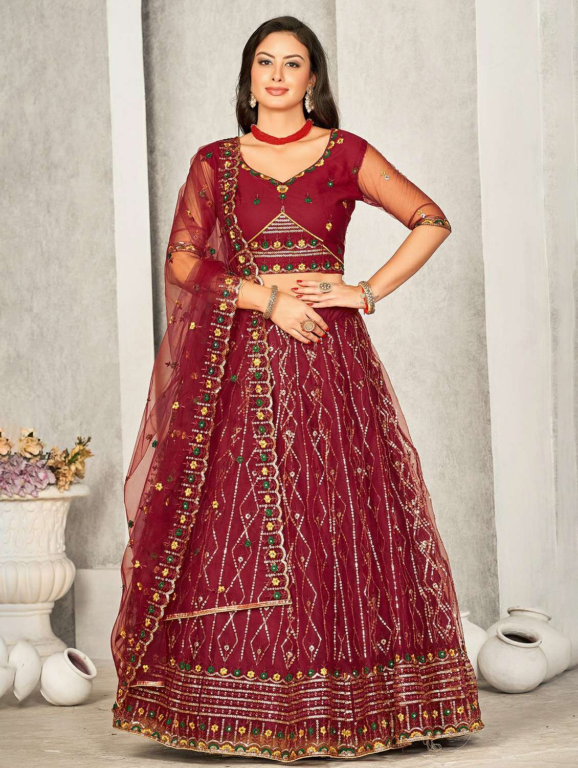 women solid with work semi stitched flared lehenga