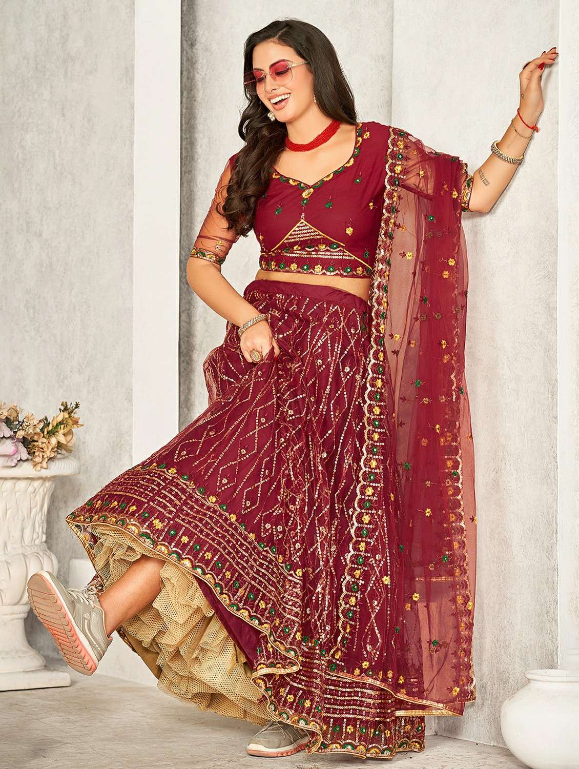 women solid with work semi stitched flared lehenga - 22260711 -  Standard Image - 1