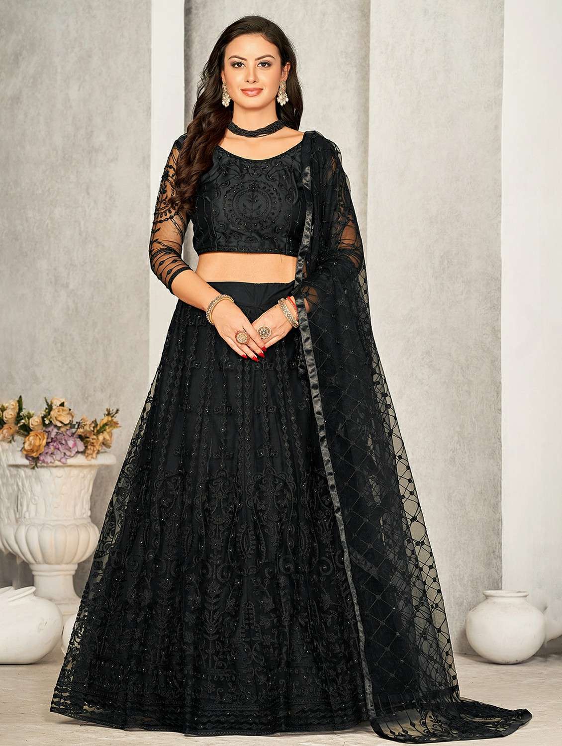 women solid with work semi stitched flared lehenga