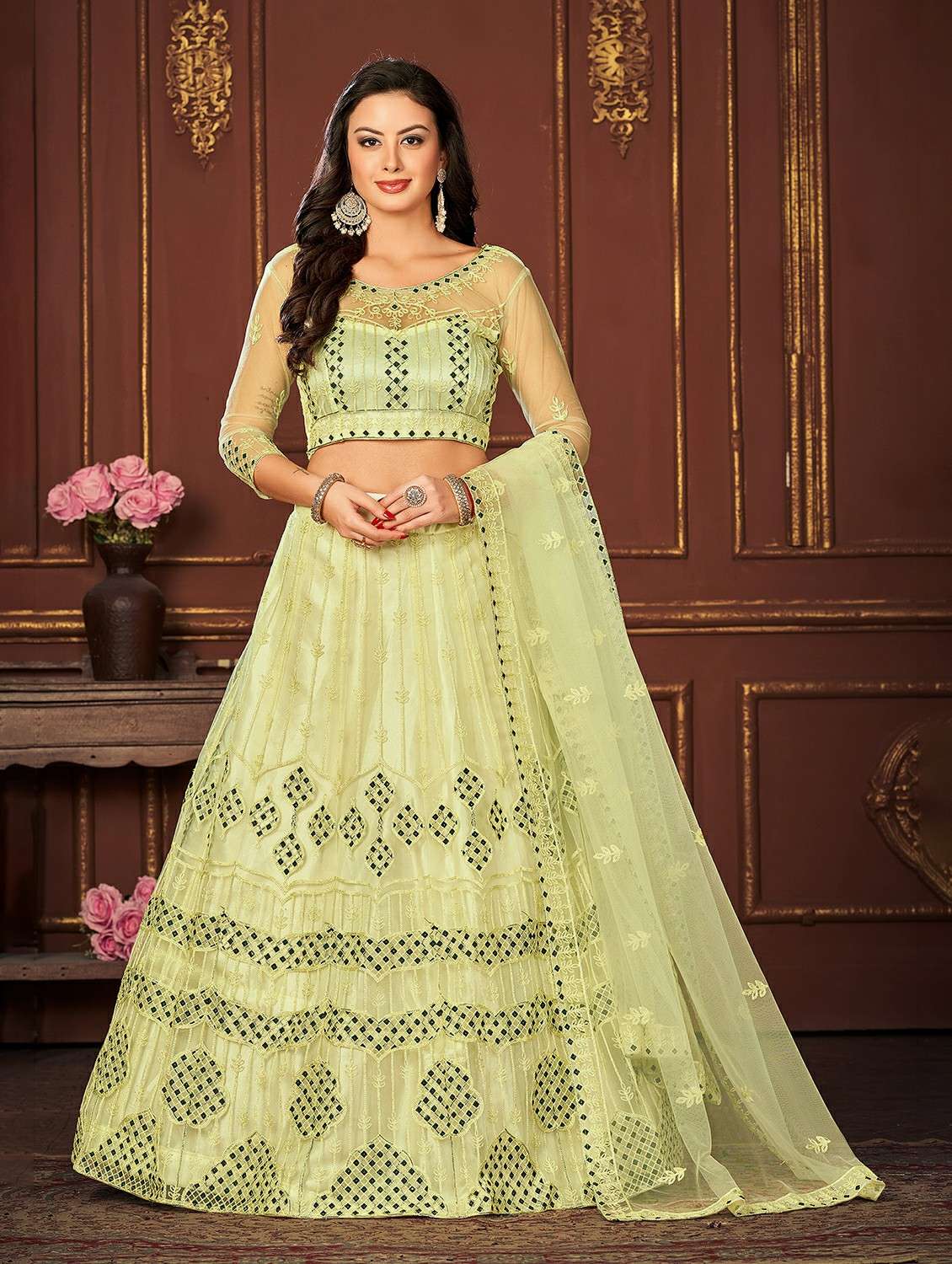 women solid with work semi stitched flared lehenga