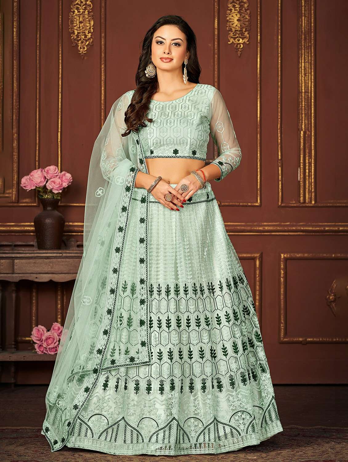 women solid with work semi stitched flared lehenga