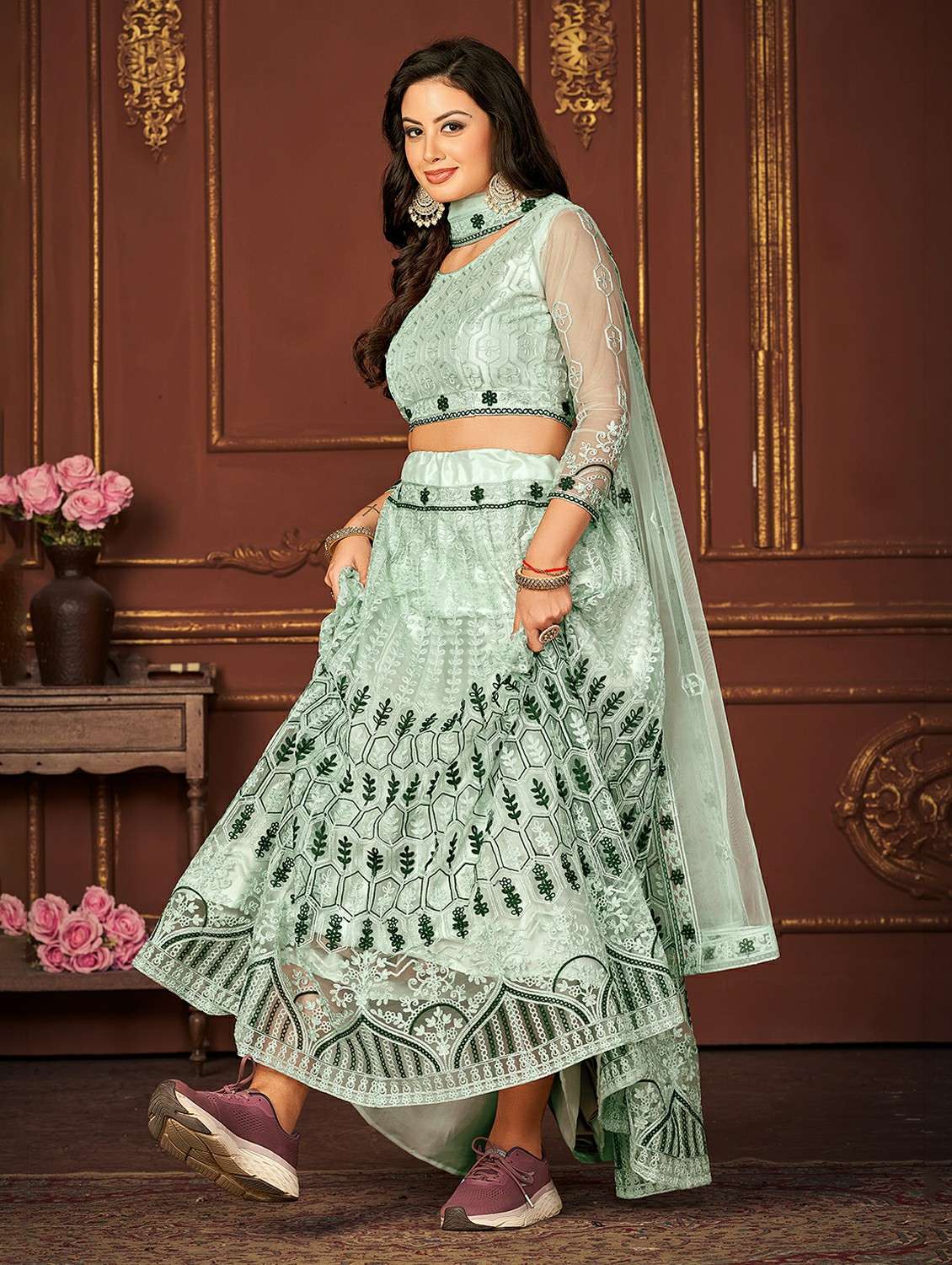 women solid with work semi stitched flared lehenga - 22260714 -  Standard Image - 1