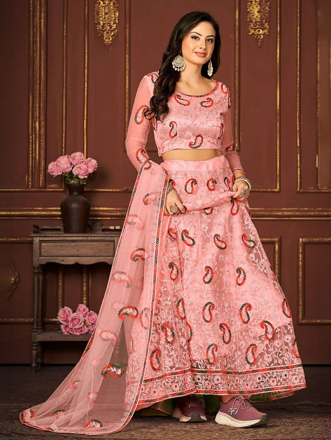women solid with work semi stitched flared lehenga - 22260715 -  Standard Image - 1