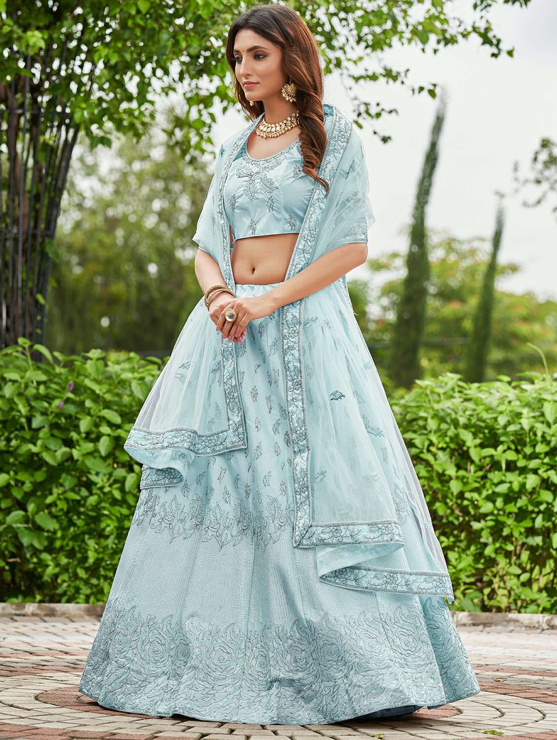 women solid with work semi stitched flared lehenga - 22260723 -  Standard Image - 1