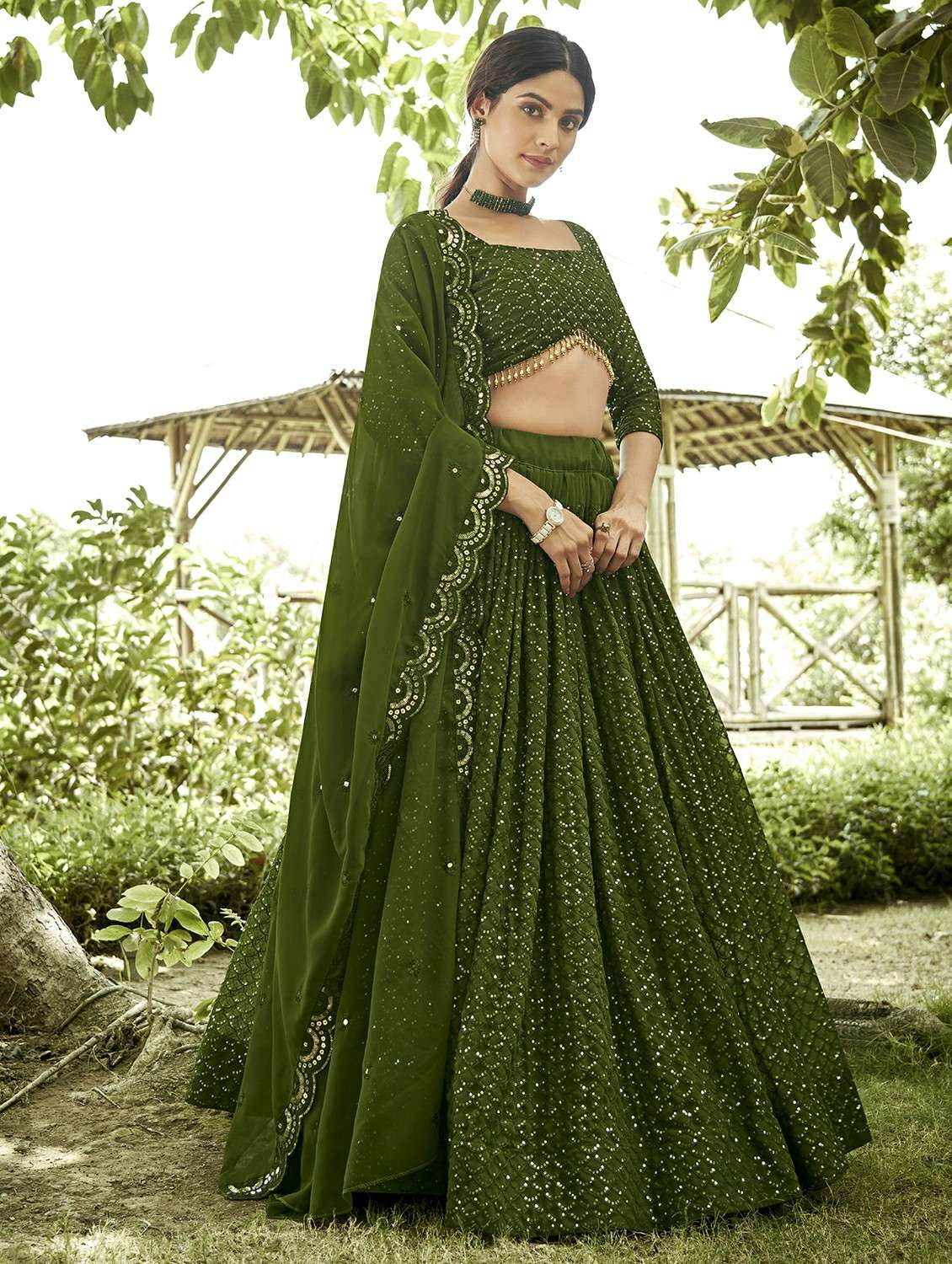 women solid with work semi stitched flared lehenga
