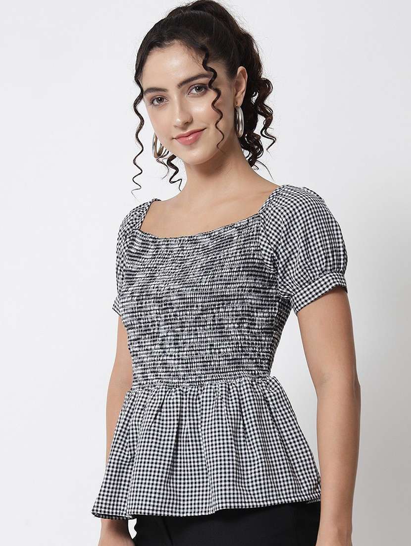 women checkered puff sleeve peplum top - 22260741 -  Standard Image - 1