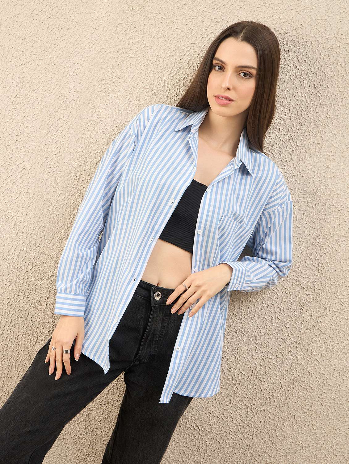 women striped collared long sleeve oversized shirt
