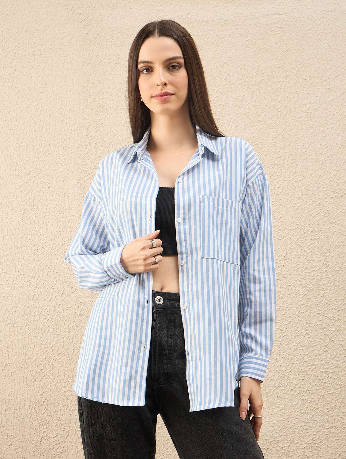 women striped collared long sleeve oversized shirt - 22260745 -  Standard Image - 1