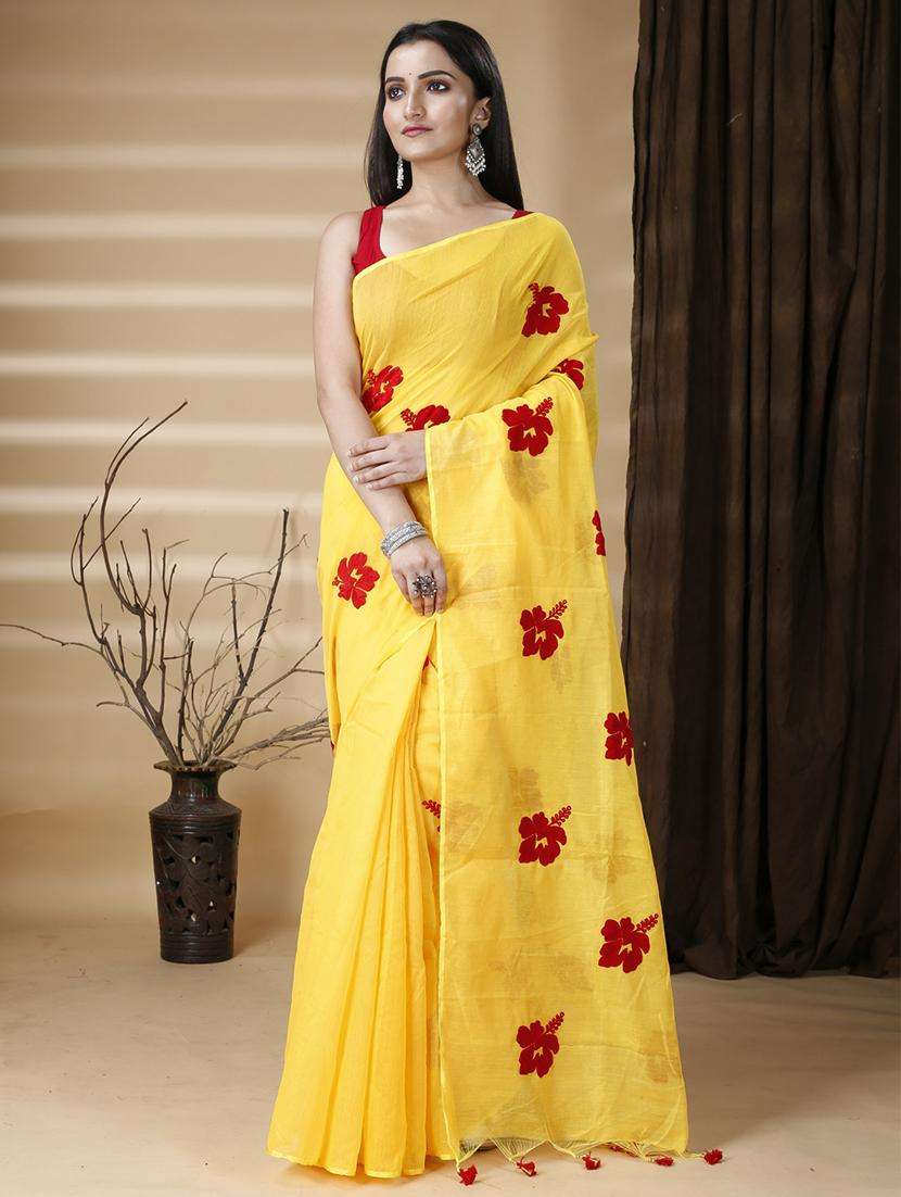 women solid with work embroidered saree