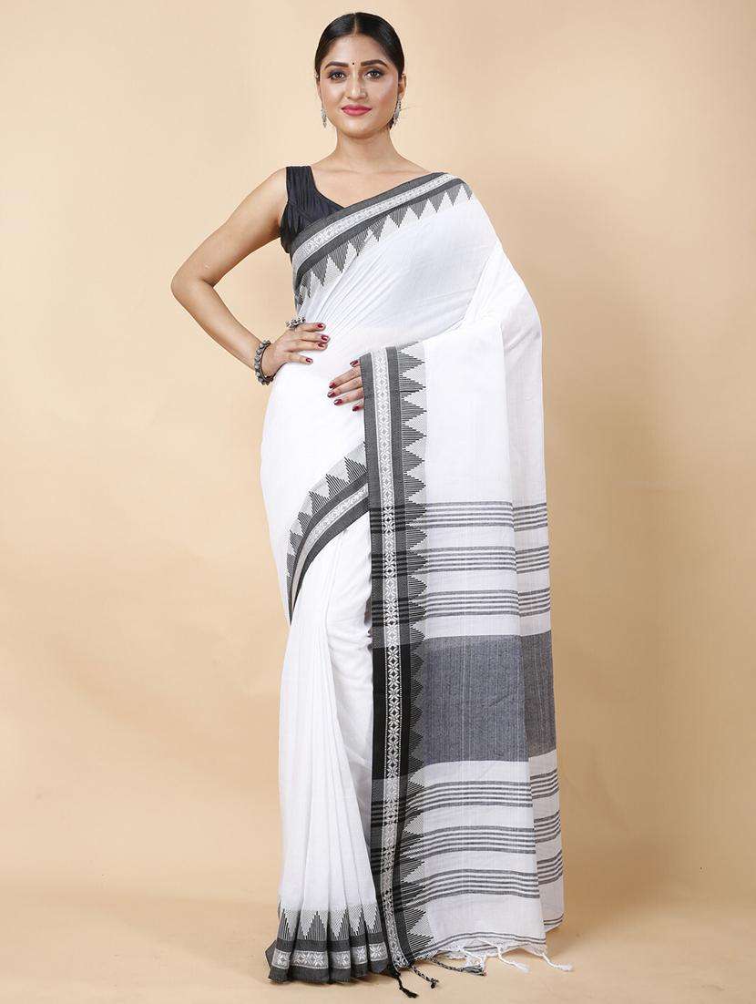 women solid with bordered handloom saree