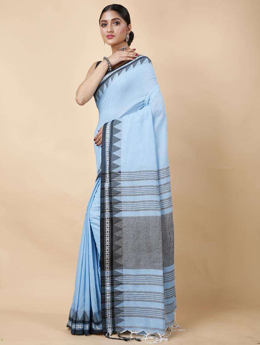 women solid with bordered handloom saree - 22261398 -  Standard Image - 1