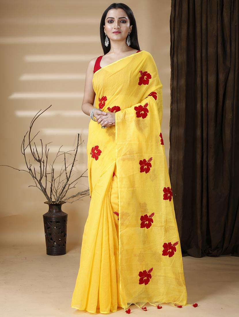 women solid with work embroidered saree with blouse