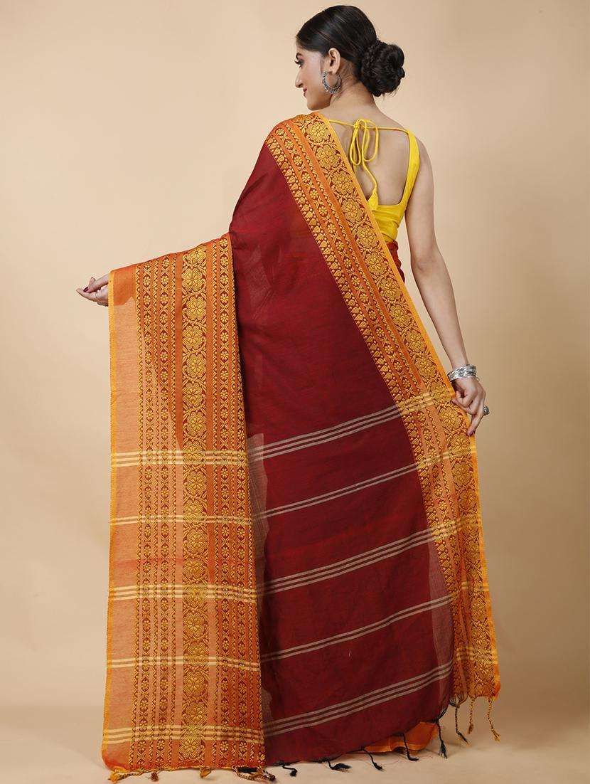 women solid with bordered handloom saree with blouse - 22262142 -  Standard Image - 1