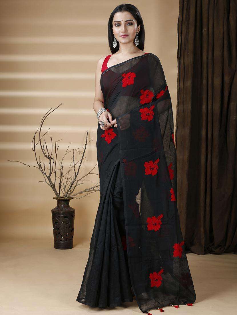 women solid with work handloom saree with blouse