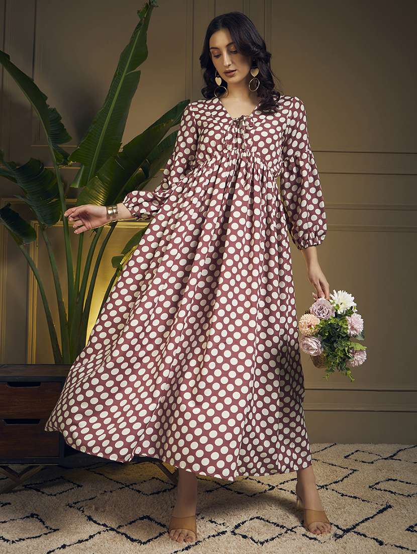 women polka dot printed puff sleeve maxi dress