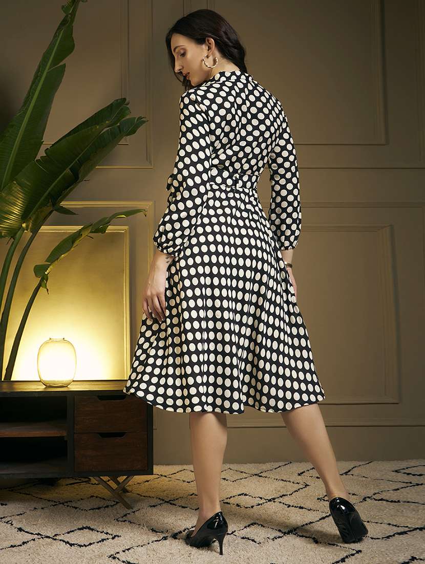 women polka dot printed puff sleeve fit & flare dress - 22263400 -  Standard Image - 4