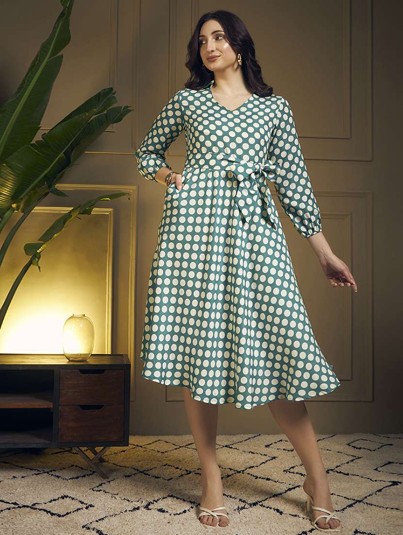 women polka dot three quarter sleeve fit & flare dress - 22263401 -  Standard Image - 1