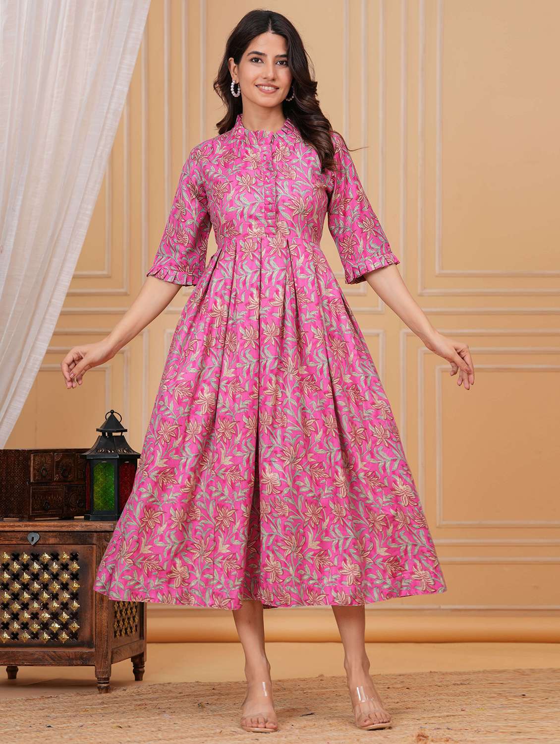 women floral three quarter sleeve fit & flare ethnic dress - 22263402 -  Standard Image - 1