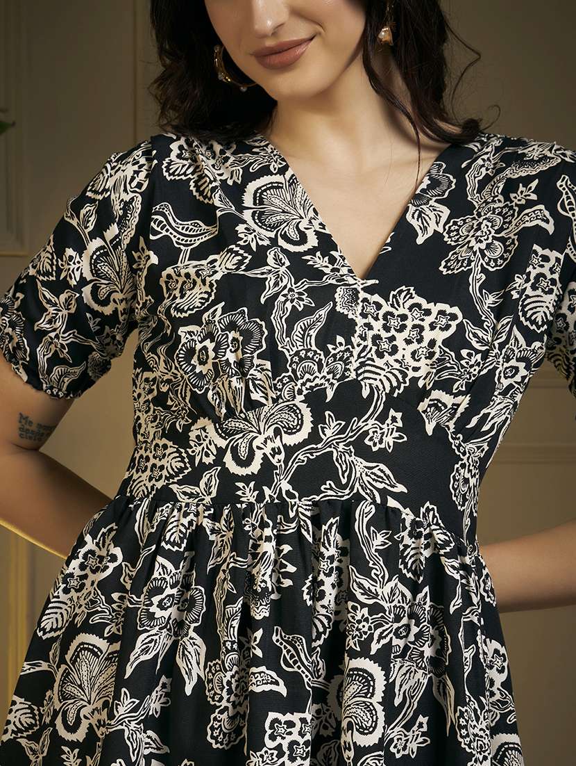 women floral puff sleeve fit & flare dress - 22263405 -  Standard Image - 4