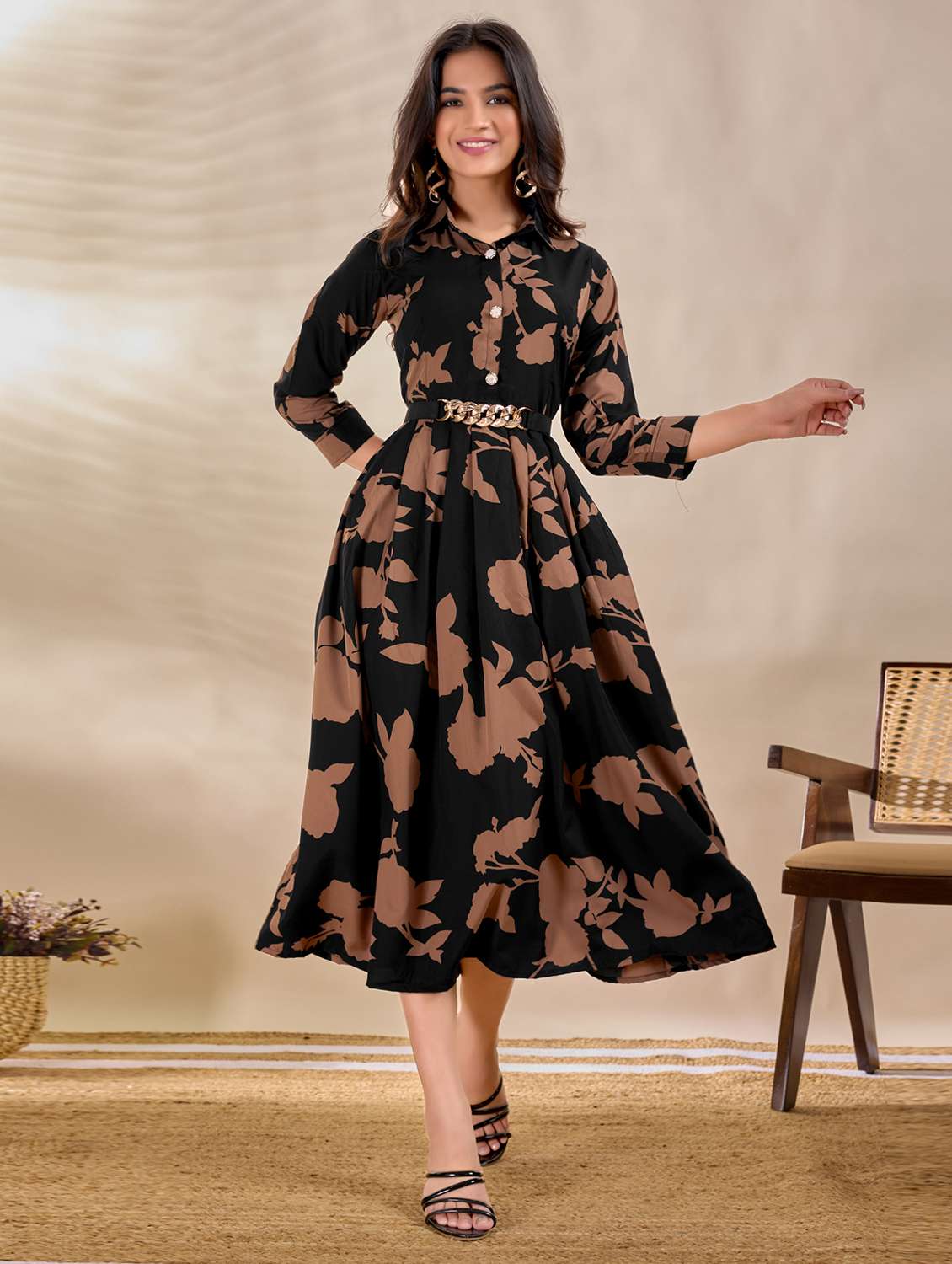 women printed three quarter sleeve fit & flare dress - 22263406 -  Standard Image - 4